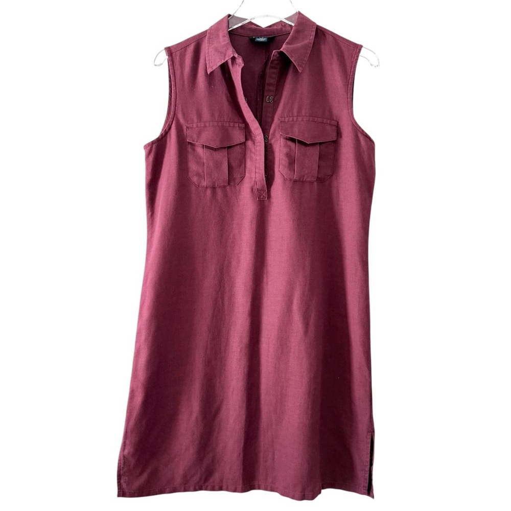 Linen Sleeveless Collared Nautical Shirt Dress in Maroon Merlo  Size Medium